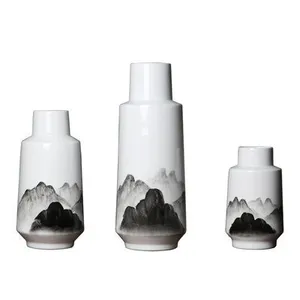 New Chinese Modern Ink Wash Painting Hand Made White Ceramic Flower Vase For TV Bench thumbnail-4