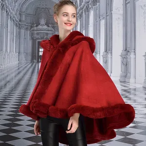 European and American Autumn and Winter New Imitation Otter Rabbit Fur Collar Hooded Shawl Cloak Loose Jacket for Women thumbnail-1