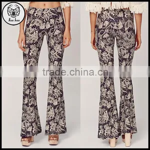 Ladies Casual Rayon Spandex Boho Paisley Print Bell Bottom Pants for Women thumbnail-1