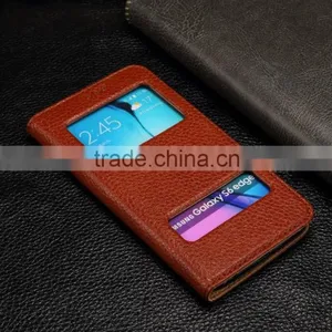 Genuine Leather Cover Window Display Stand Phone Flip Case For Samsung Galaxy S6 Edge thumbnail-3