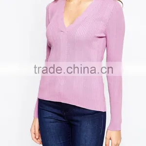 Deep V Sweater Sweater Women v Neck Thin Sweater Pink Casual v Neck Tight Sweater thumbnail-3