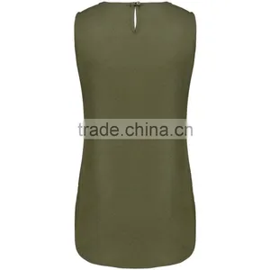 2016 Summer Plain Khaki Sleeveless Shell Tops For Ladies Latest Chiffon Plain Pockets Summer Tops thumbnail-3