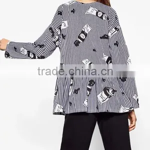Runwaylover EY2374B Latest Designs Women Formal Blouse Blue Stripe Crane Print Animal Print Drop Shoulder 3/4 Sleeve Blouse thumbnail-2