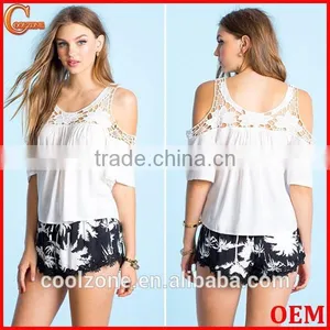 Hot Selling Cold Shoulder Crochet Embellished Blouse/fashion Woman Blouses thumbnail-1