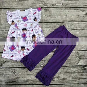 Factory Price Sales Wholesale Girls Purple Clothes Back to School Summer Small Fly Sheeve Outfit thumbnail-1