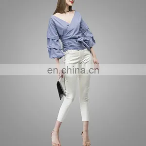 2017 Fashion Design Puff Sleeve Wrapped Top Deeper V Neck Ruched Sleeve Wrap Blouses In Blue thumbnail-5
