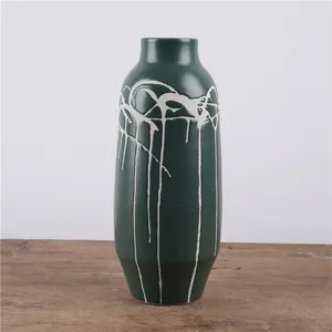 Dark Green Hand Carve Irregular Line Creative Ceramic Flower Vase Pot For Plant Decor thumbnail-4