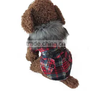 Luxury Fur Collar Horn Buttons Red and Blue Lattice Plaid Dog Coat With Extra Heavy Soft Wool Material Fit for Autumn and Winter thumbnail-1