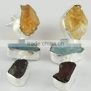 Designer Rough Citrine & Aquamarine & Garnet Silver Earring, Gemstone Silver Jewelry, Handmade Silver Jewelry thumbnail-2