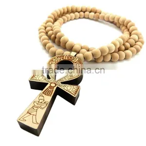 Men's Good Wooden Jay Z Ankh Cross Chain 8mm Bead 36'' Necklace thumbnail-1