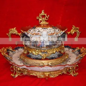 Luxury Royal Style Gilt Brass Soup Pot, Excellent Hand Painted Porcelain With Gold Plated Bronze Handle and Base Stockpot thumbnail-1