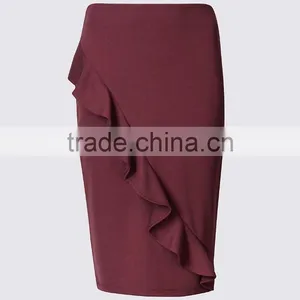 High Quality Wholesale Custom Manufacturer Women Fashion Ruffle Midi Fitted Red High-waisted Pencil Skirt thumbnail-4
