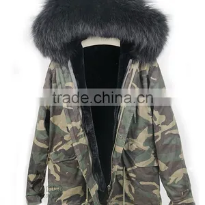 CX-G-P-10A Genuine Faux Fur Coat With Raccoon Fur Collar thumbnail-1