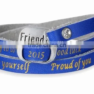 Hot Sale 2015 Leather Wrap Bracelet Custom Logo Letter Words Hand-stamped Leather Bracelet CZ Stone Pave Leather Wrap Bracelet thumbnail-3