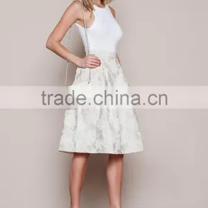 MGOO New Arrival 2016 Beige Pleated Midi Skirt For Ladies High Waist Vintage Floral Embroidery Skirts thumbnail-2