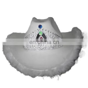 MCH-1652 Party Carnival Funny Cheap Women White Pinched Fuzzy Felt Crown Cowgirl Hat thumbnail-1