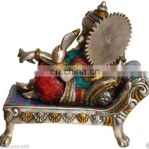 Indian Hindu GOD Ganesha Relax On Bed Stone Work 13" Brass Silver Hue Statue Hindu Art 12.2KG ELEPHANT Lord Ganesha Statue Decor thumbnail-2