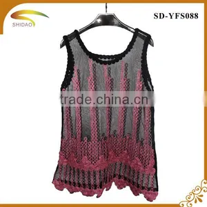 Latest Summer Loose Casual Fashion Crochet Lace Blouse Embroidered Lace Sleeveless Women Tops Blouse thumbnail-5