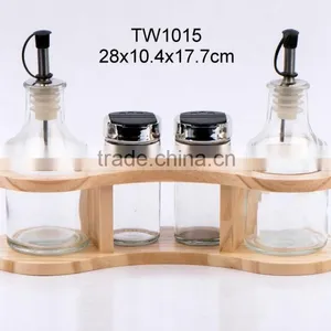 4pcs Glass Oil Vinegar Salt Pepper Set With Wooden Rack (TW1014) thumbnail-1