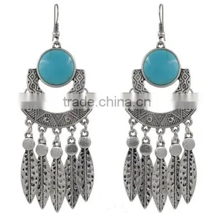New Summer Style Ginasy Silver Geometry Turquoise Leaf Drop Tassels Dangle Earrings thumbnail-4