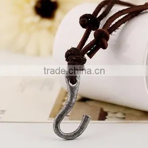Vintage Real Cow Leather Fish Hook Pendant Bown Genuine Cowhide Necklace for Men thumbnail-2