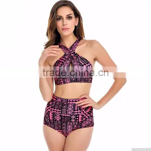 Plus Size Swimwear Women Swimsuit 2016 New Bikinis High Waist Bathing Suits Print Vintage Retro Floral Bikini Set thumbnail-1