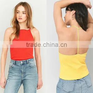 2017 Women's Best Black Ribbed Sleeveless Halter T-back High Neck Cami Tops thumbnail-2