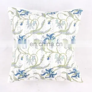 White Floral Indian Cotton Pillow Cover, Hand Qilted Cushion Cover, Home Decor Cushion, Pillow Cover thumbnail-1