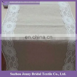 TR004B1 Fancy White Embroidered Lace Edge Burlap Table Runner thumbnail-1