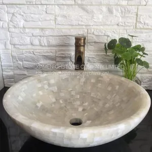 White Onyx Mosaic Bathroom Vessel Round Sink Stone Wash Basin thumbnail-2