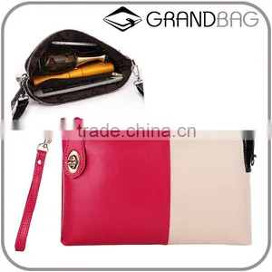 Wholesale Contrast Color Genuine Cowhide Leather Lady Designer Clutch Bag With Wristlet Shoulder Bag Hand Bag Messager Bag thumbnail-1