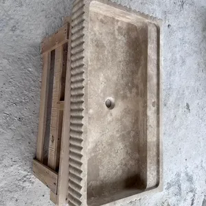 Luxury Unique Natural Yellow Rectangular Shape Travertine Stone Bathroom Marble Vessel Sink Vanity Wash Basin Garden Decor thumbnail-4