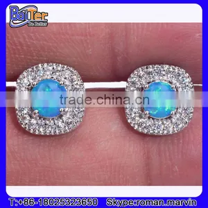 Rhodium Finish .925 Sterling Silver Synethic Blue Fire Opal Stud Earrings Wholesale thumbnail-2