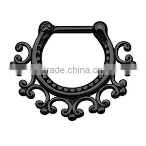 Black Septum Clicker Tribal Fan Septum Ring thumbnail-1