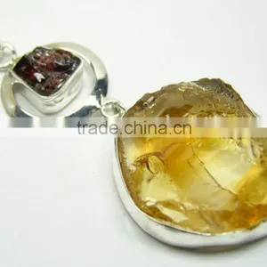 Citrine & Garnet Rough Gemstone Pendant, 925 Solid Sterling Silver Pendant, Designer Raw Bezel Pendant thumbnail-1