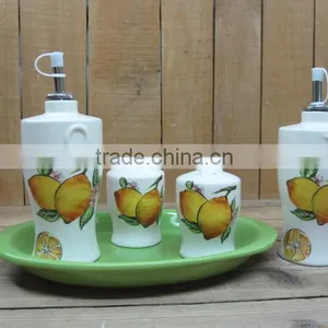 Wholesale Ceramic Oil and Vinegar Cruets and Salt Pepper Condiment 5 Pcs Sets With Lemon Decal thumbnail-1