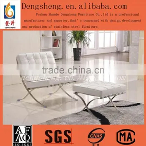 Mid Century Modern Classic Barcelona Style Replica Lounge Chair&Ottoman With PU or White Leather and Stainless Steel Frame thumbnail-1