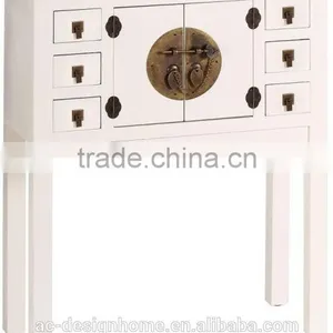 CREAM ORIENTAL WOODEN CABINET W/2 DOORS & 6 DRAWERS thumbnail-1