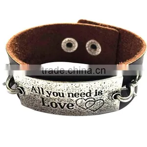 Brown/black Color Adjustable Bracelets,inspirational Words Metal Charm Cuff Bracelets,wide Leather Bracelet thumbnail-4