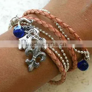 Leather and Chain Wrap Bracelet, Braided Leather Bracelet, Leather Wrap Bracelet With Charms thumbnail-1