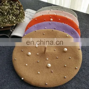 2017 Fashion Woman Spring Pearl Wool Beret Hat thumbnail-1