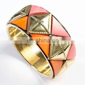Stud Double Pyramid Style Punk Brass Bangle Bracelet Cuff thumbnail-1