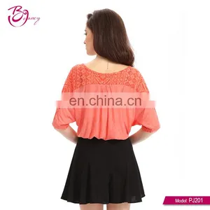 New Fashion Short Sleeve Simple Red Sexy Lace Blouse Designs thumbnail-3