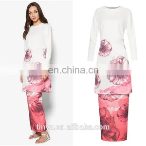 2017 Latest Fashion Chiffon Elegant Long Sleeve Flower Printed Baju Kurung Malaysia Modern thumbnail-1