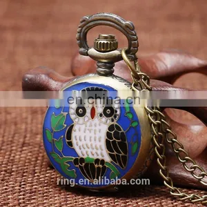 Antique Bronze Owl Pattern Enamel Round Pocket Watches thumbnail-1