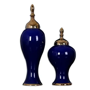Modern Simple Jingdezhen Gild Large Blue Ceramic Plant Vase For Shopping Mall Decor thumbnail-5