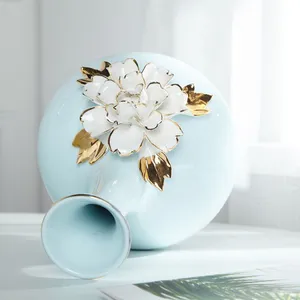 European Modern Simple Art Fresh Fashion Gild Blue Ceramic Plant Vase For Office Decor thumbnail-4