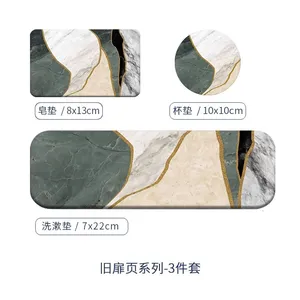 Bathroom Accessories Highly Absorbent Quick Dry Marble Diatomite Stone Bath Mat Set thumbnail-3