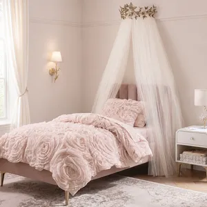 Kids Bed Canopy With Ruffles, Pastel Neutral Color for Boys & Girls, Frilled Cotton Tent Nursery Room Baby Crib Hanging Curtain Mosquito Netting thumbnail-1