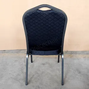 Metal Banquet Chair for Hotel Conference Event Padded Diamond‑Pattern Fabric Upholstered Stackable Dining Chair thumbnail-5